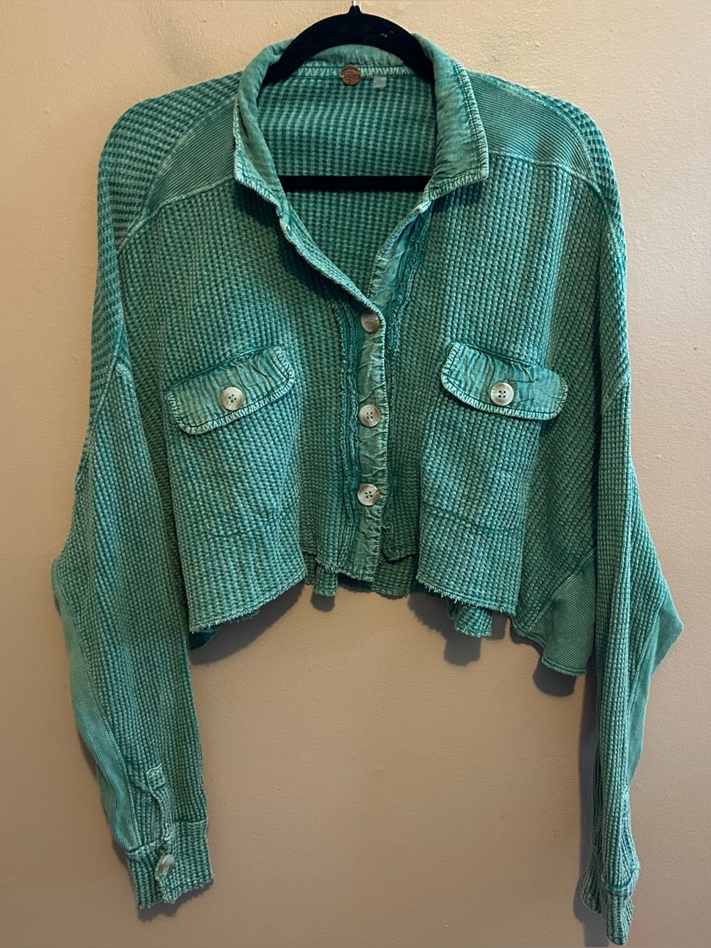 Free People One Cropped Scout Jacket Shacket Thermal Knit Top Green